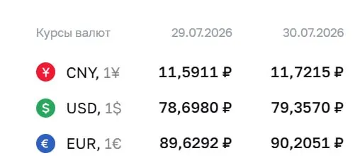 Официальный курс на 30 июля: доллар — ₽79,36; евро — ₽90,21; юань — ₽11,72. По курсу Центробанка проводятся расчёты по ряду финансовых инструментов.