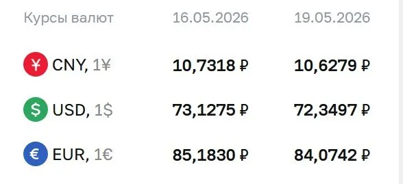 Центральный банк понизил официальные курсы доллара, евро и юаня на 19 мая. По курсу ЦБ проходят расчеты по ряду финансовых инструментов, включая замещающие облигации и фьючерсы.