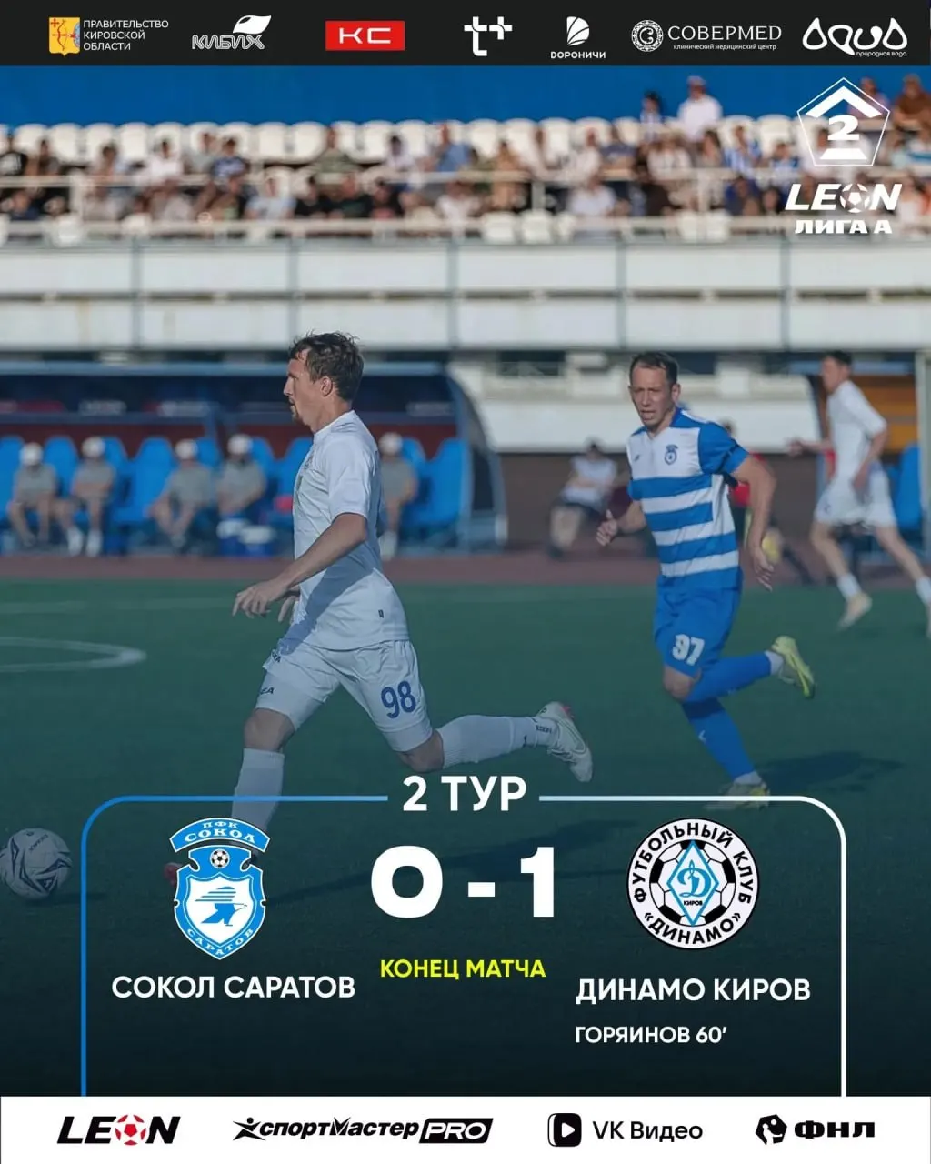 Во втором туре чемпионата кировчане победили в гостях саратовский «Сокол» благодаря единственному мячу Ивана Горяинова.