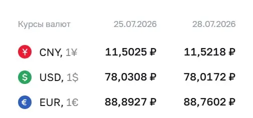 Официальный курс Центрального банка на 28 июля: доллар — ₽78,02; евро — ₽88,76; юань — ₽11,52. По курсу проходят расчеты по ряду финансовых инструментов.