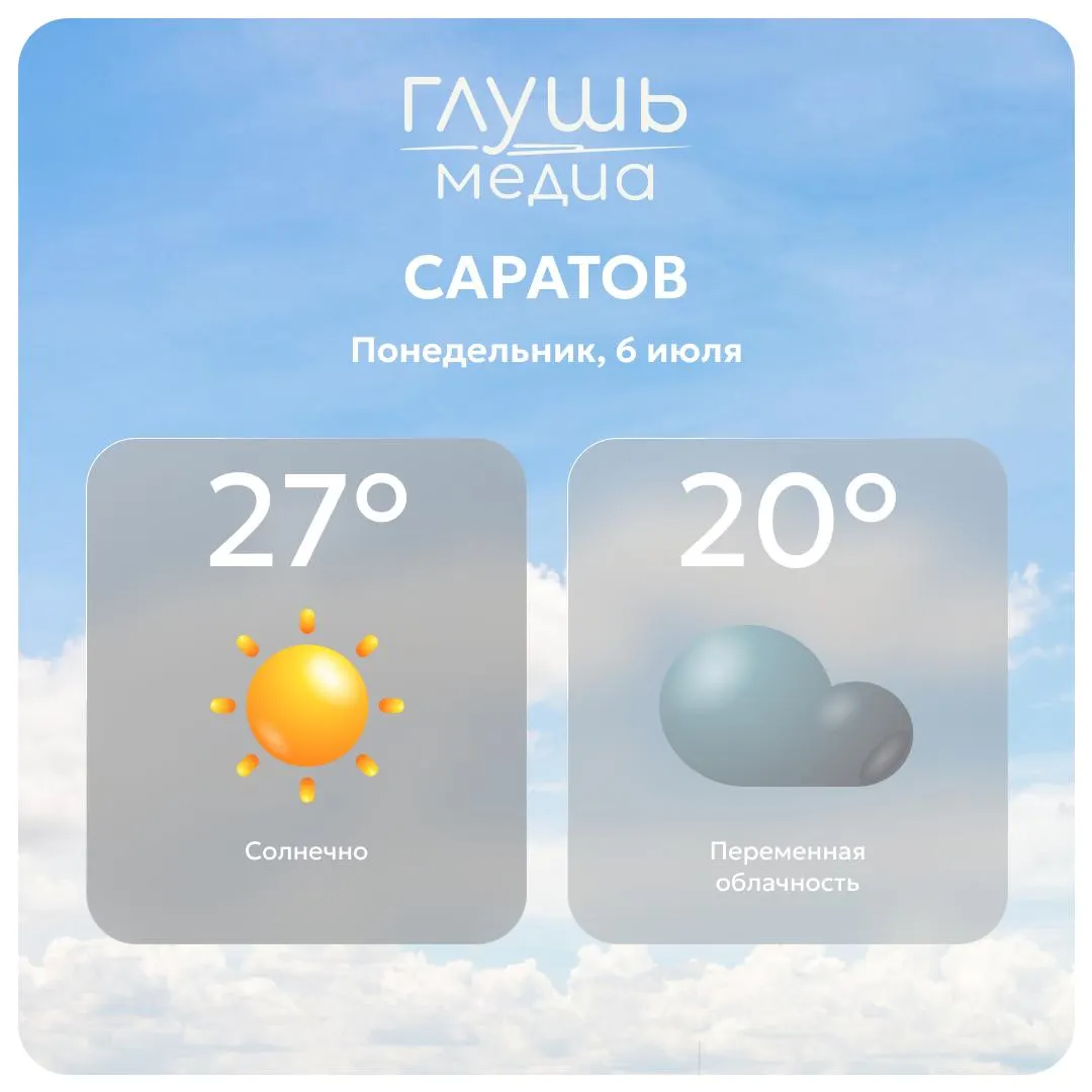 Днем в Саратове ожидается малооблачная погода, осадков не прогнозируется.